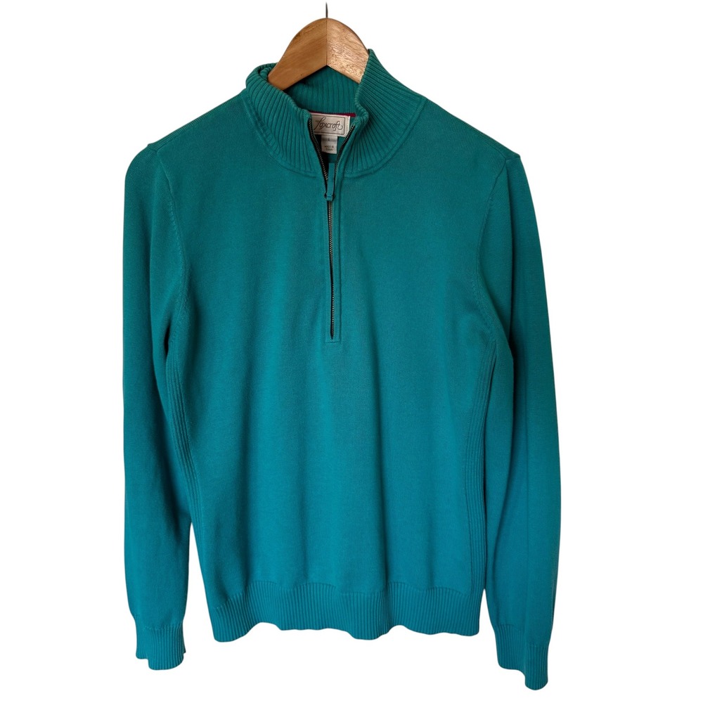 Foxcroft Quarter Zip Sweater Women L Teal Supima Cotton Excellent Ribbed Knit